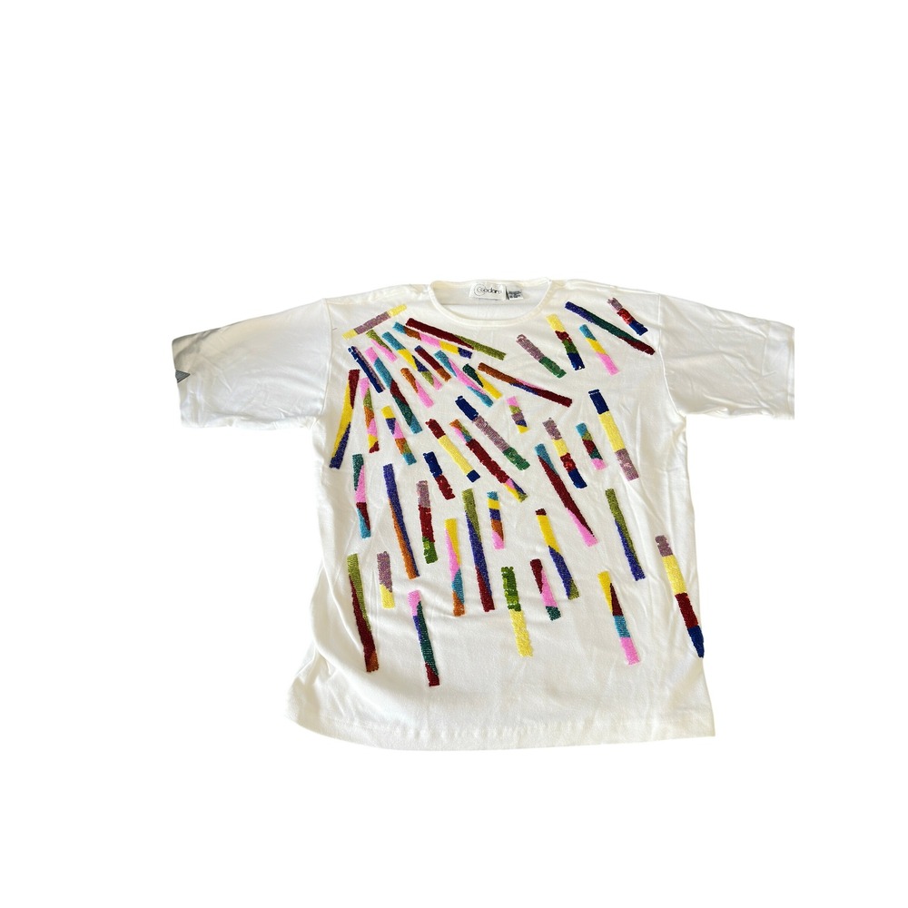 Cedars Vintage 90s White Sequin Beaded Abstract T-Shirt Womens M Oversized JS - Picture 2 of 11